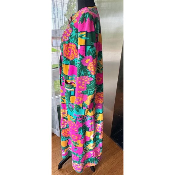 Vintage 1980s robe, teal, hot pink, yellow, green, bold floral geometric fleece - Picture 7 of 10
